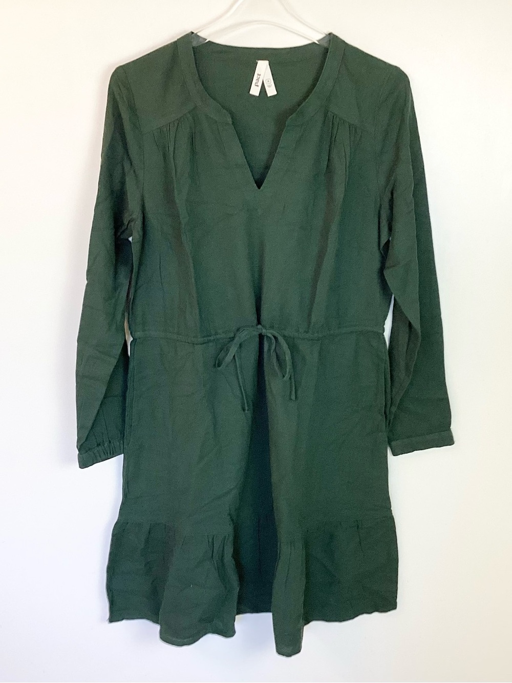 NWOT Pact Organic Long Sleeve Tie Waist Tiered Dress - Green - M
